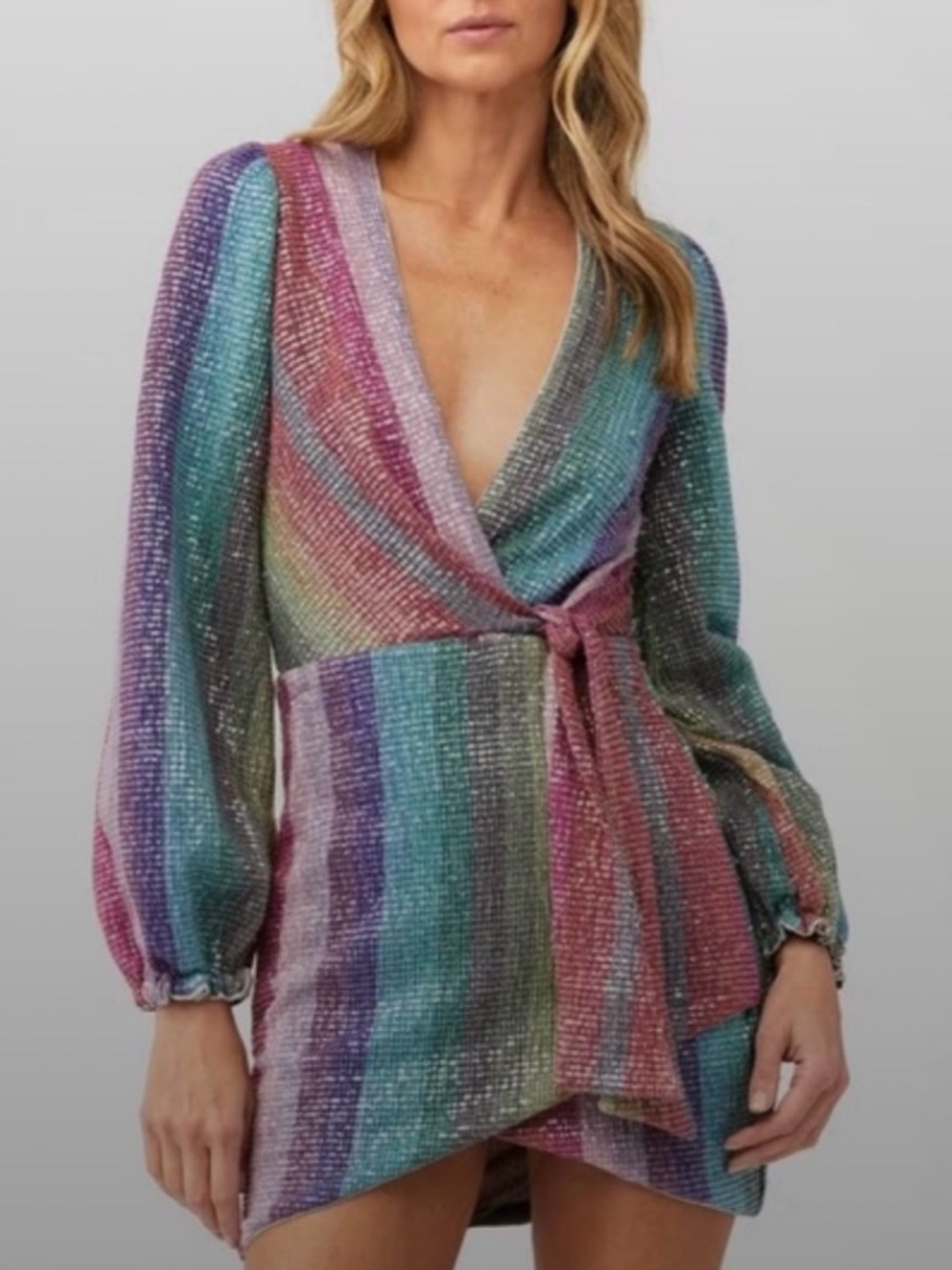Saylor Womens Multicolor Striped Sequin Wrap Mini Dress Small Balloon Sleeve Tie